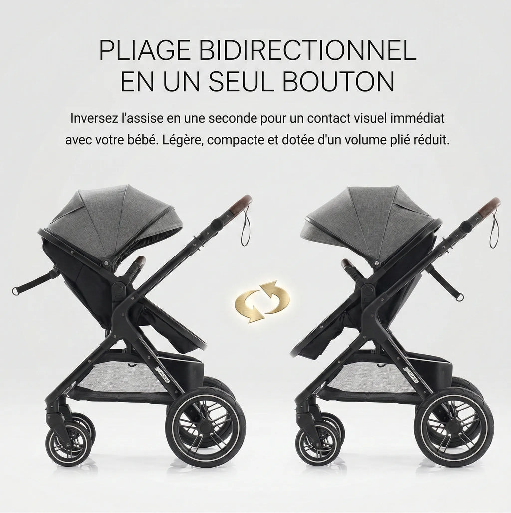 Poussette 3-en-1 Pliable & Réversible – 9 Accessoires Inclus | Dès la Naissance