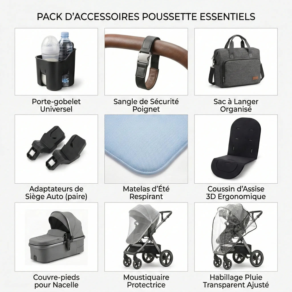 Poussette 3-en-1 Pliable & Réversible – 9 Accessoires Inclus | Dès la Naissance