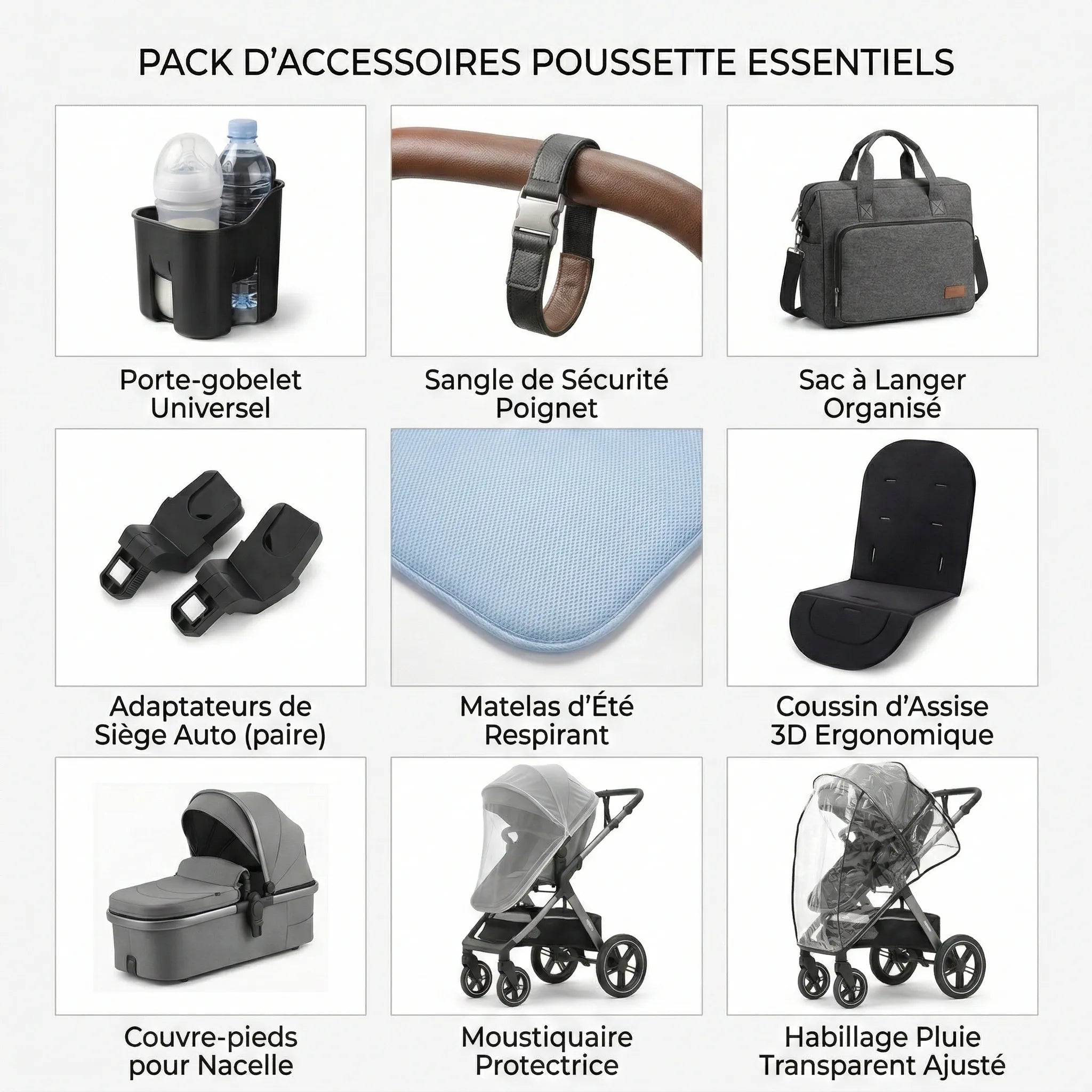 Poussette 3-en-1 Pliable & Réversible – 9 Accessoires Inclus | Dès la Naissance