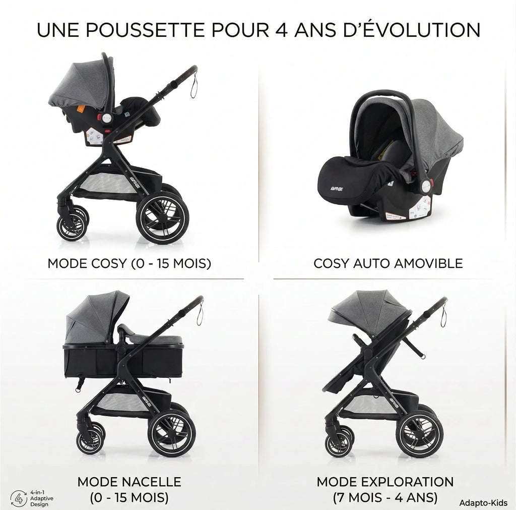 Poussette 3-en-1 Pliable & Réversible – 9 Accessoires Inclus | Dès la Naissance